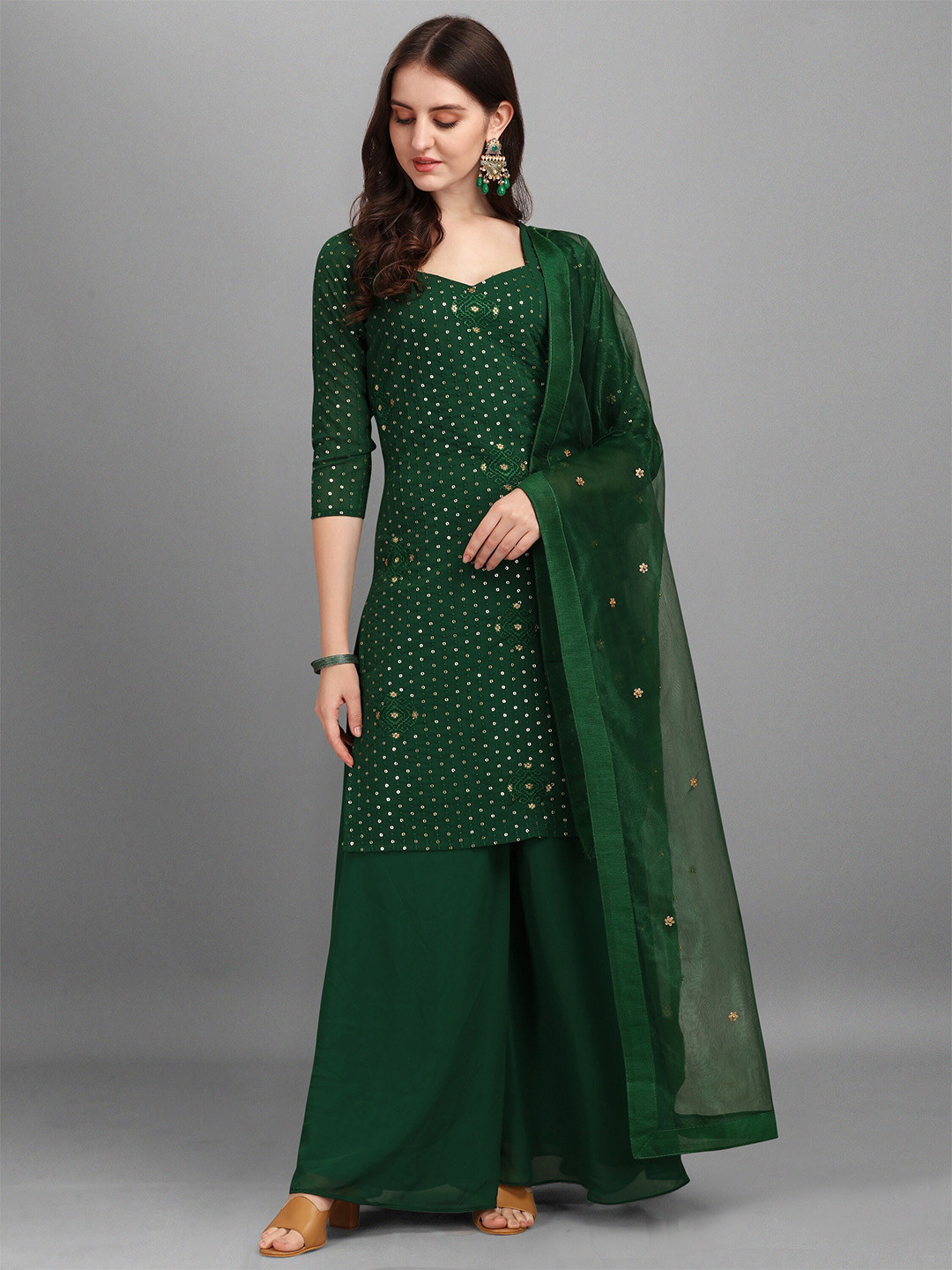 Green - Merino Wool Plain 3pc Unstitched Dress Material with Block Print Patch 07 main image 1