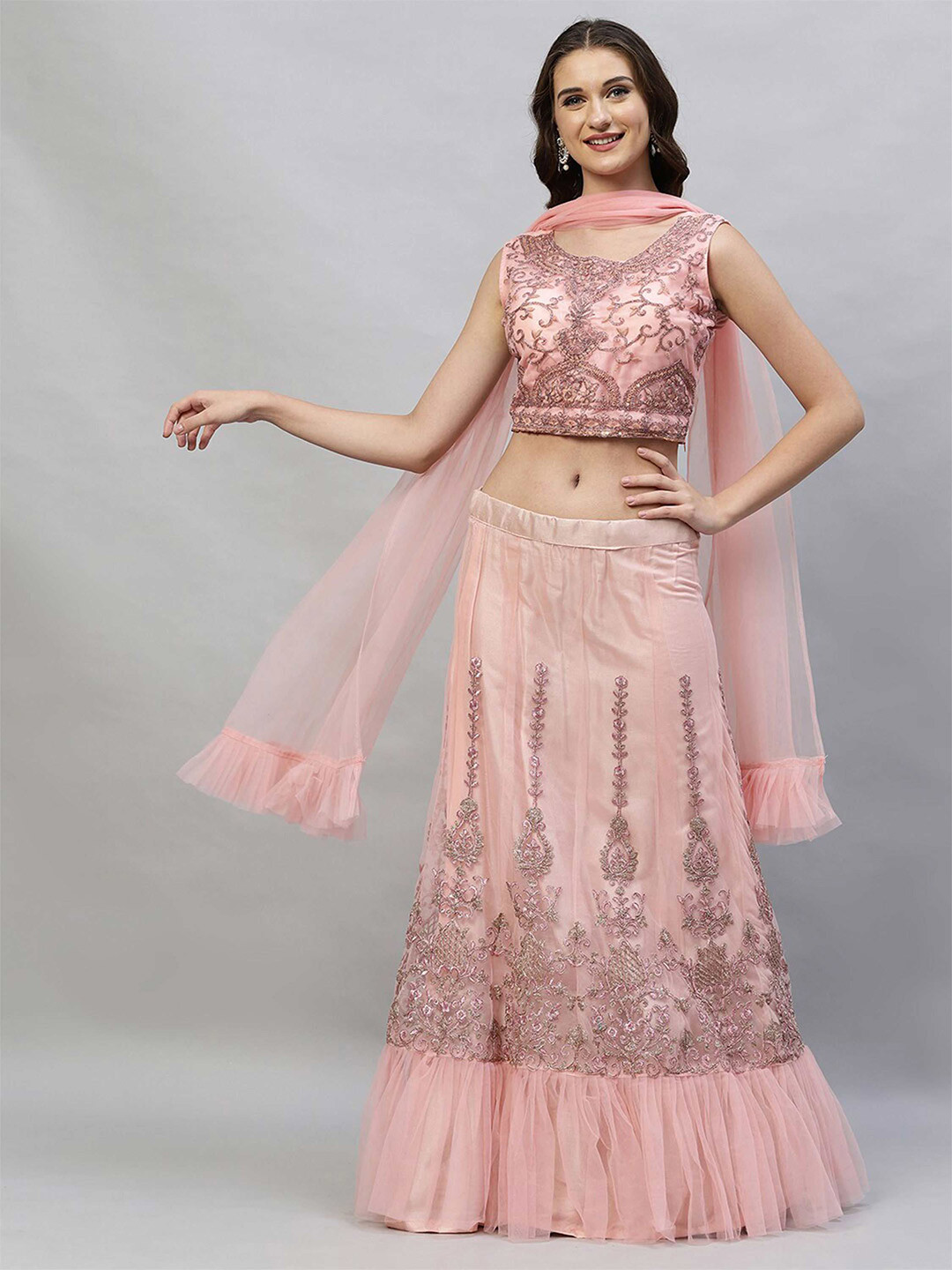Buy RedRound Pink & Gold Toned Embroidered Semi Stitched Lehenga