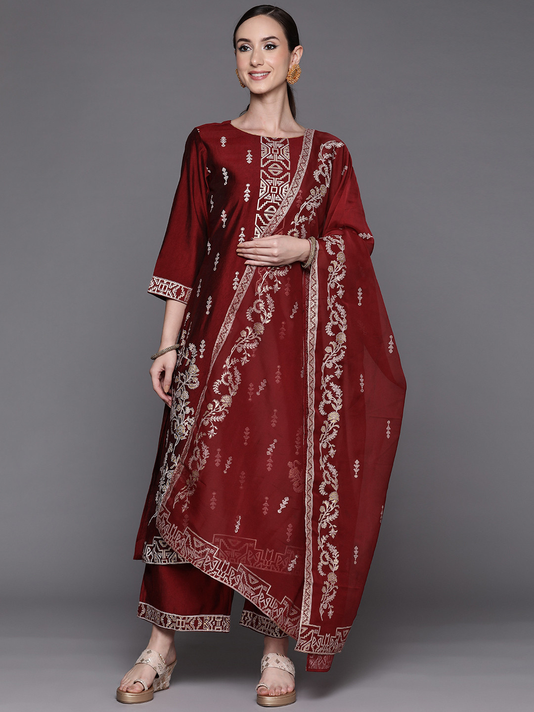 Indo Era Maroon Printed Straight Kurta Trousers set