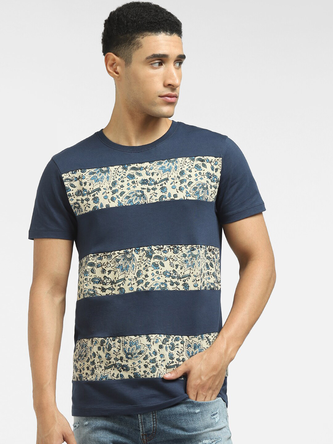 Buy Jack & Jones Men Blue Striped Polo Collar Applique T Shirt ...