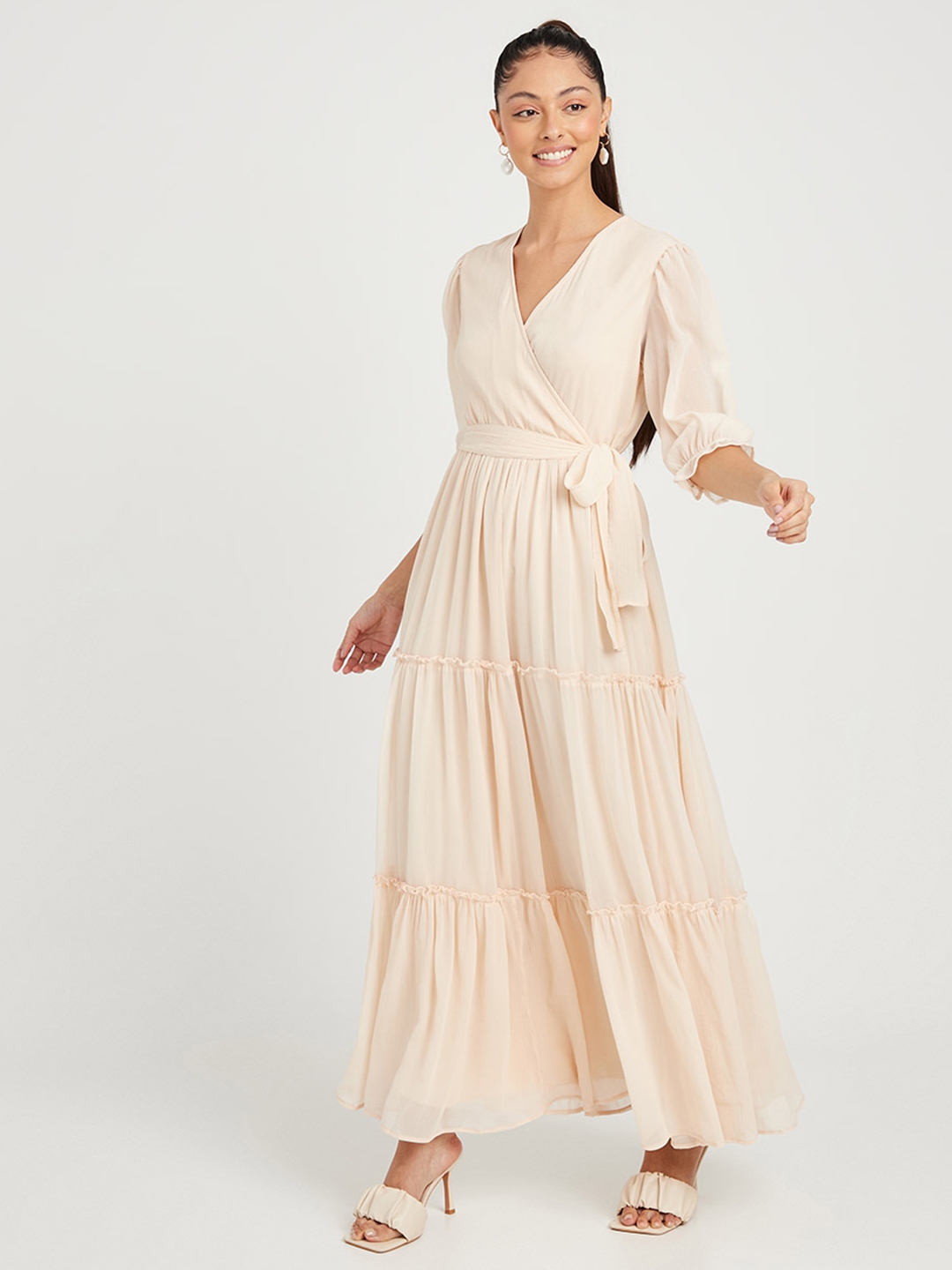 Buy Styli Cream Coloured V Neck Tiered Maxi Dress With Waist Tie Up ...