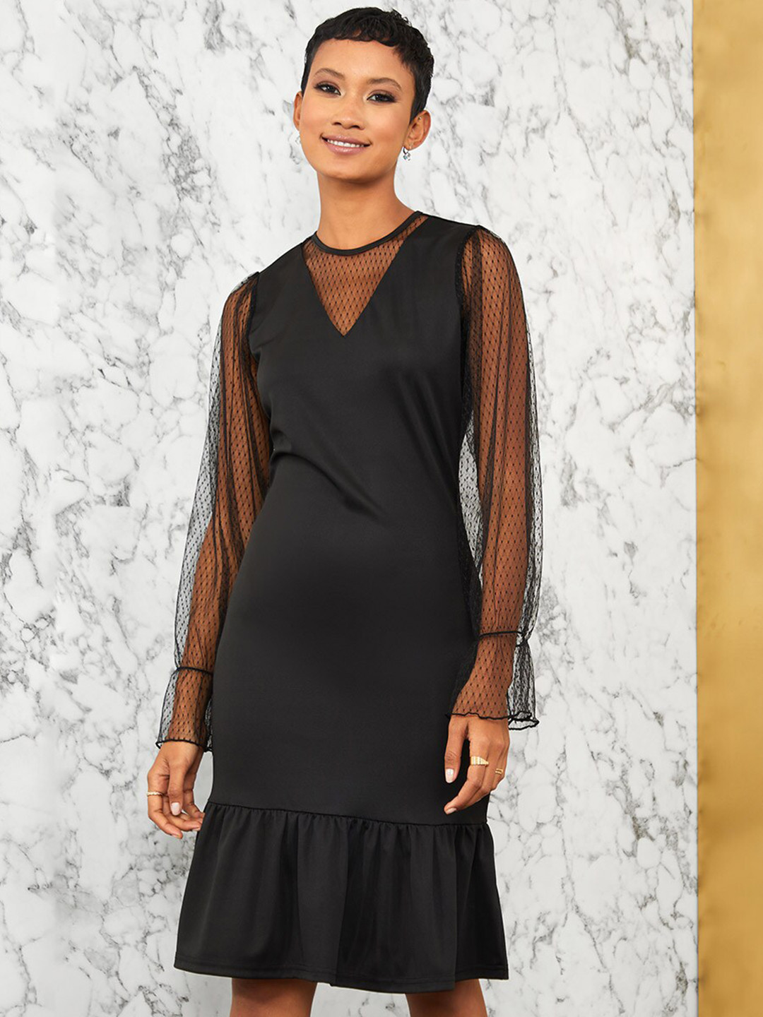 Buy Styli Black Long Sleeves Dobby Spot Mesh Insert Sheath Knee Length