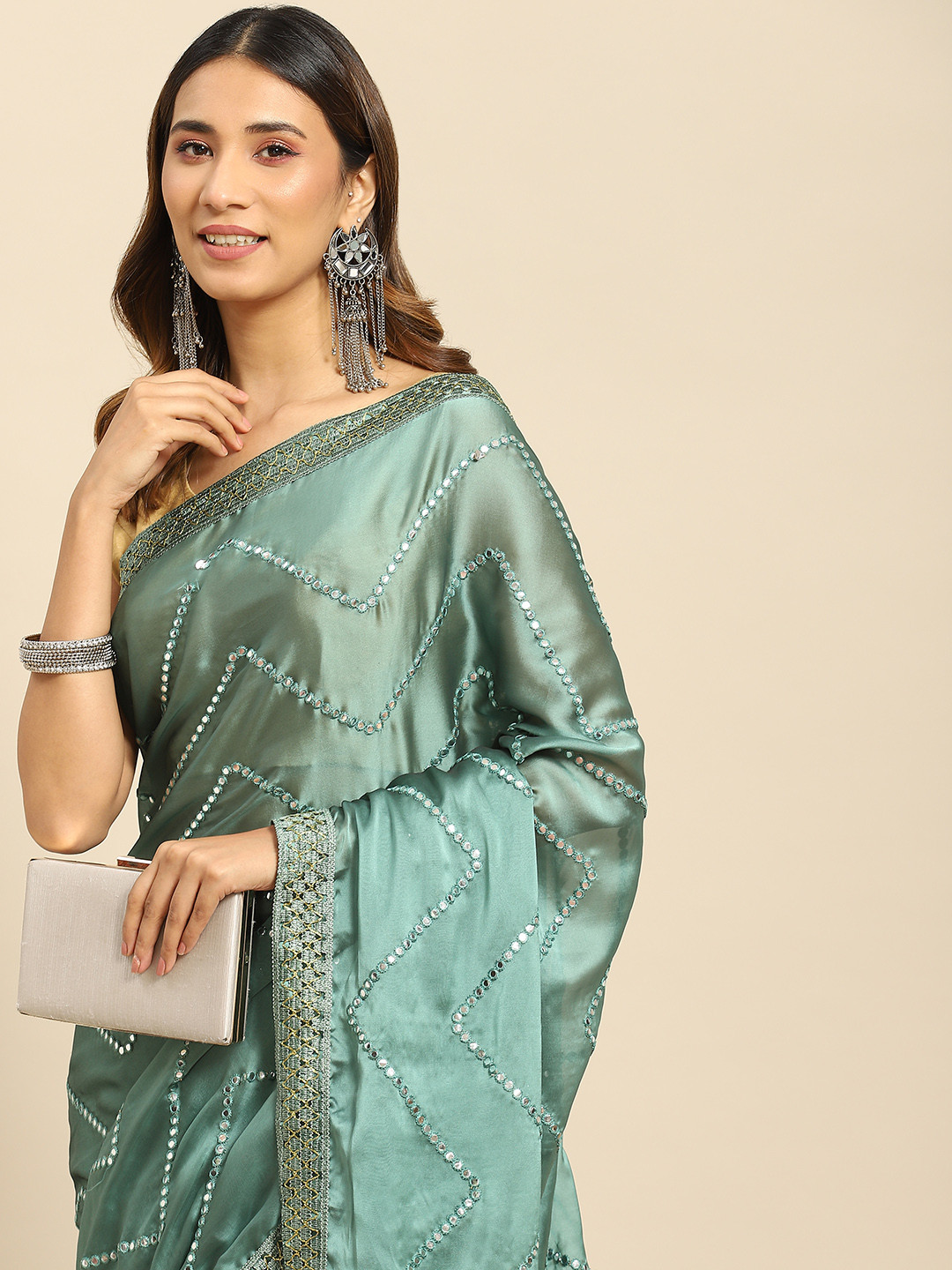 Buy All About You Green Striped Mirror Work Saree Sarees for Women