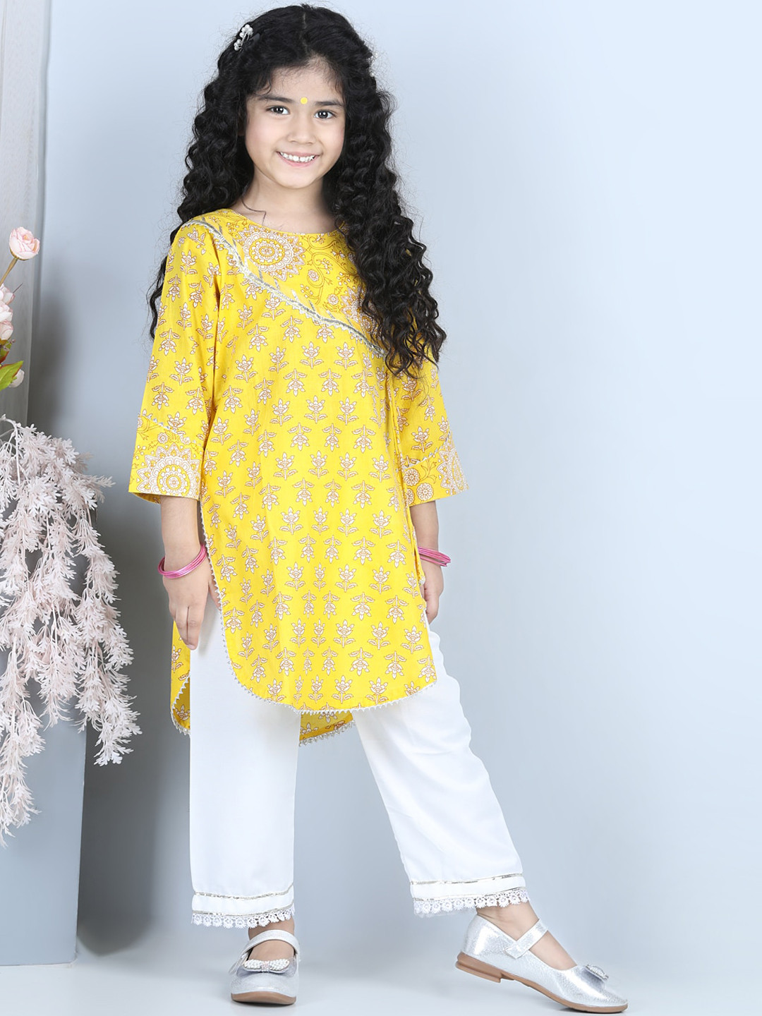 Girls Yellow Floral Printed Layered Gotta Patti Pure Cotton Kurta With Skirt