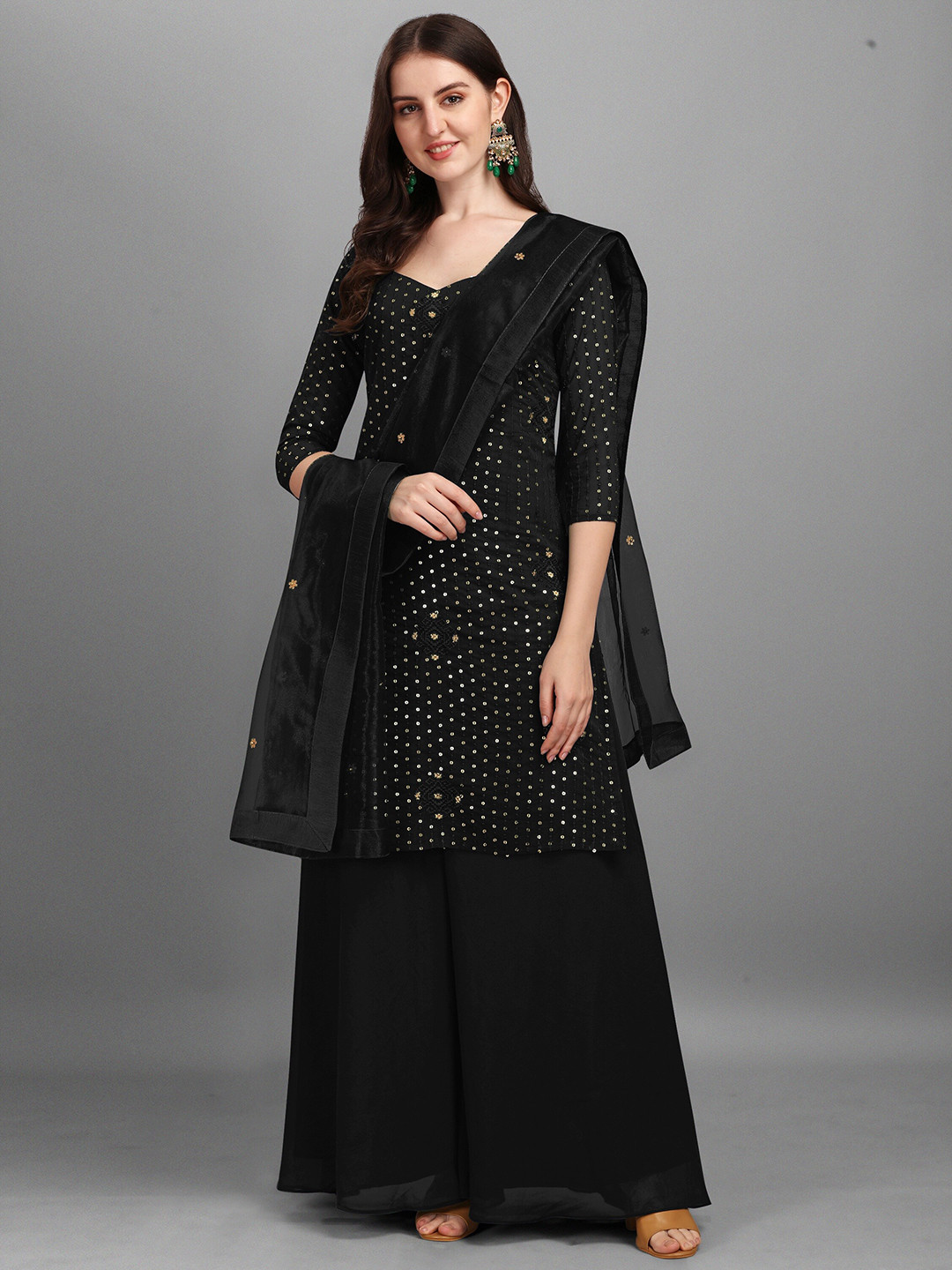 Buy Fashionuma Black Embroidered Semi Stitched Dress Material Dress