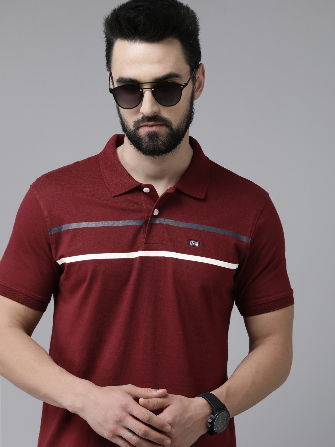 Buy Arrow Men Burgundy Striped Polo Collar Pure Cotton T Shirt ...