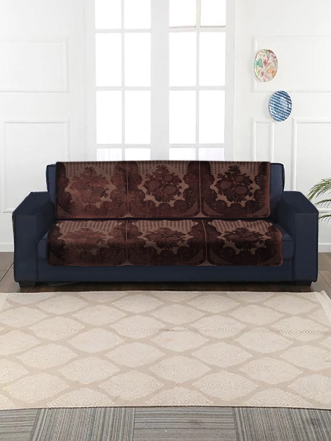 Buy HOSTA HOMES Set Of 6 Brown Velvet Self Embossed 3 Seater Sofa Cover