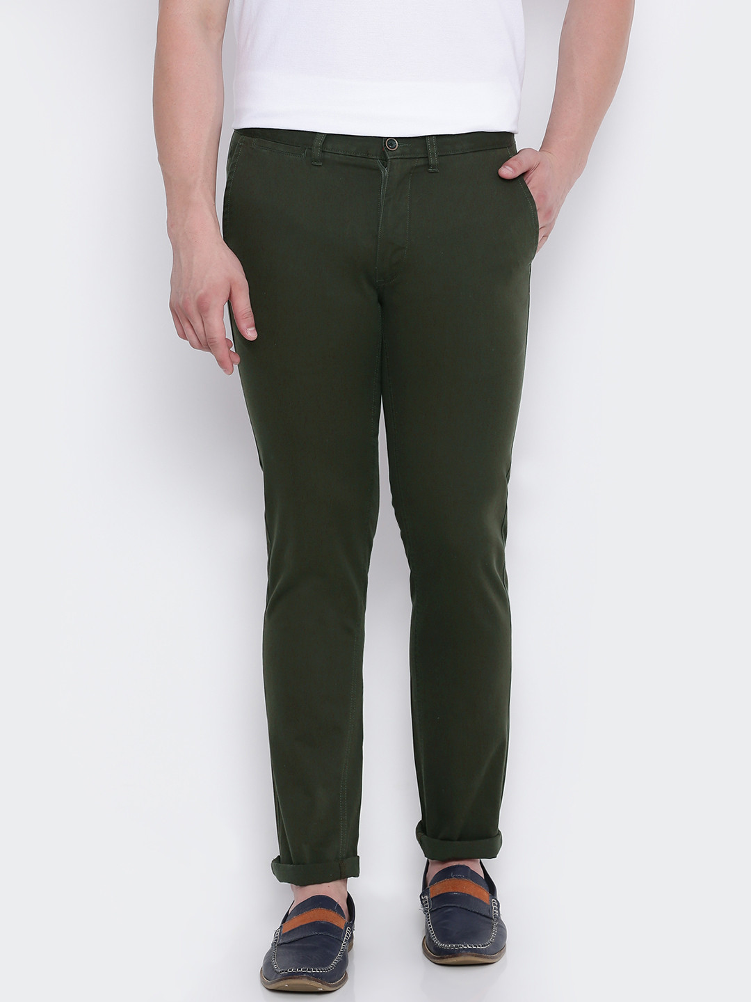Buy John Miller Hangout Men Olive Green Slim Fit Solid Chino Trousers ...
