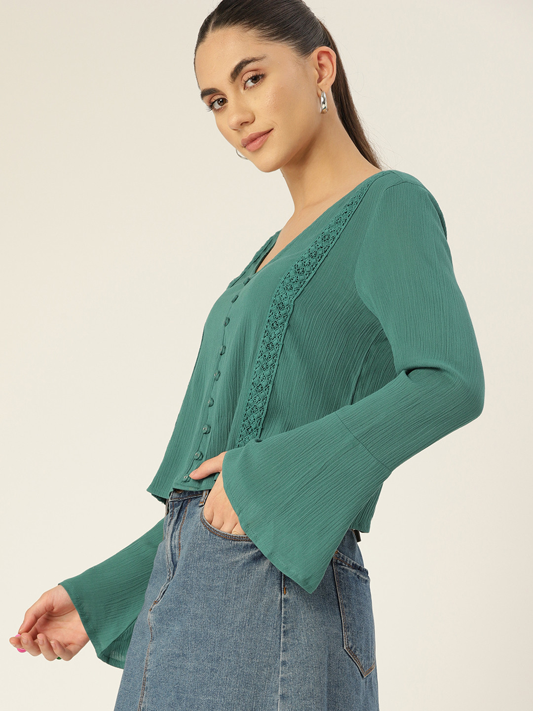 Buy DressBerry Green Self Design Lace Inserts Flared Sleeves Top Tops