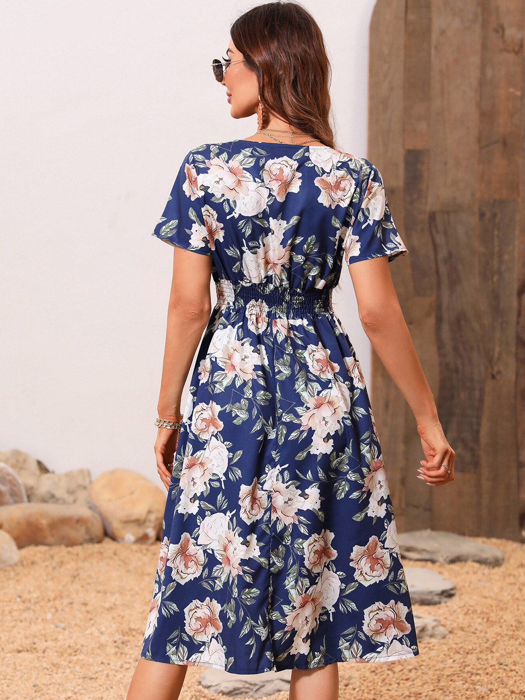 Buy BoStreet Women Blue Floral Print V Neck Fit & Flare Dress Dresses