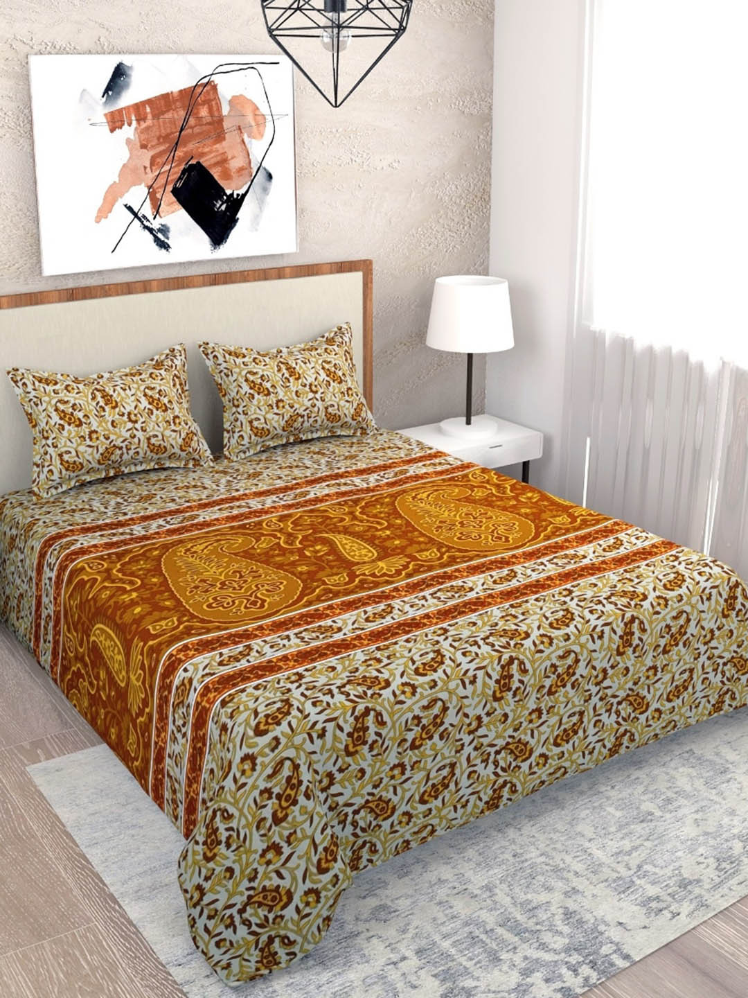 Buy Salona Bichona Double King Yellow Bedsheet With 2 Pillow Covers