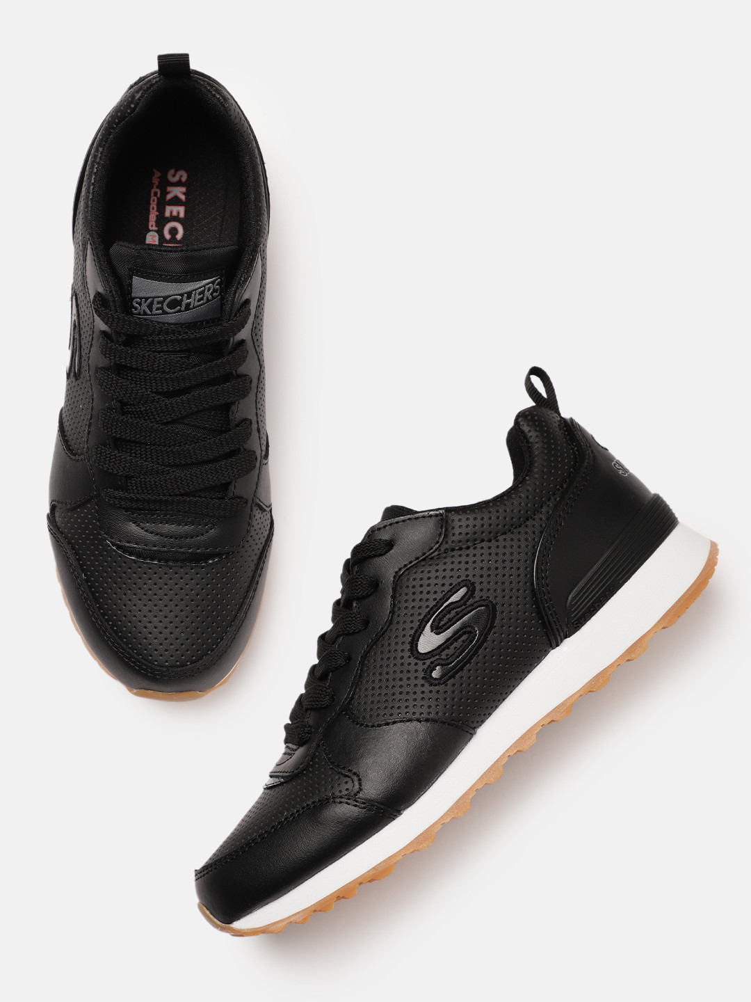 ladies black leather skechers trainers