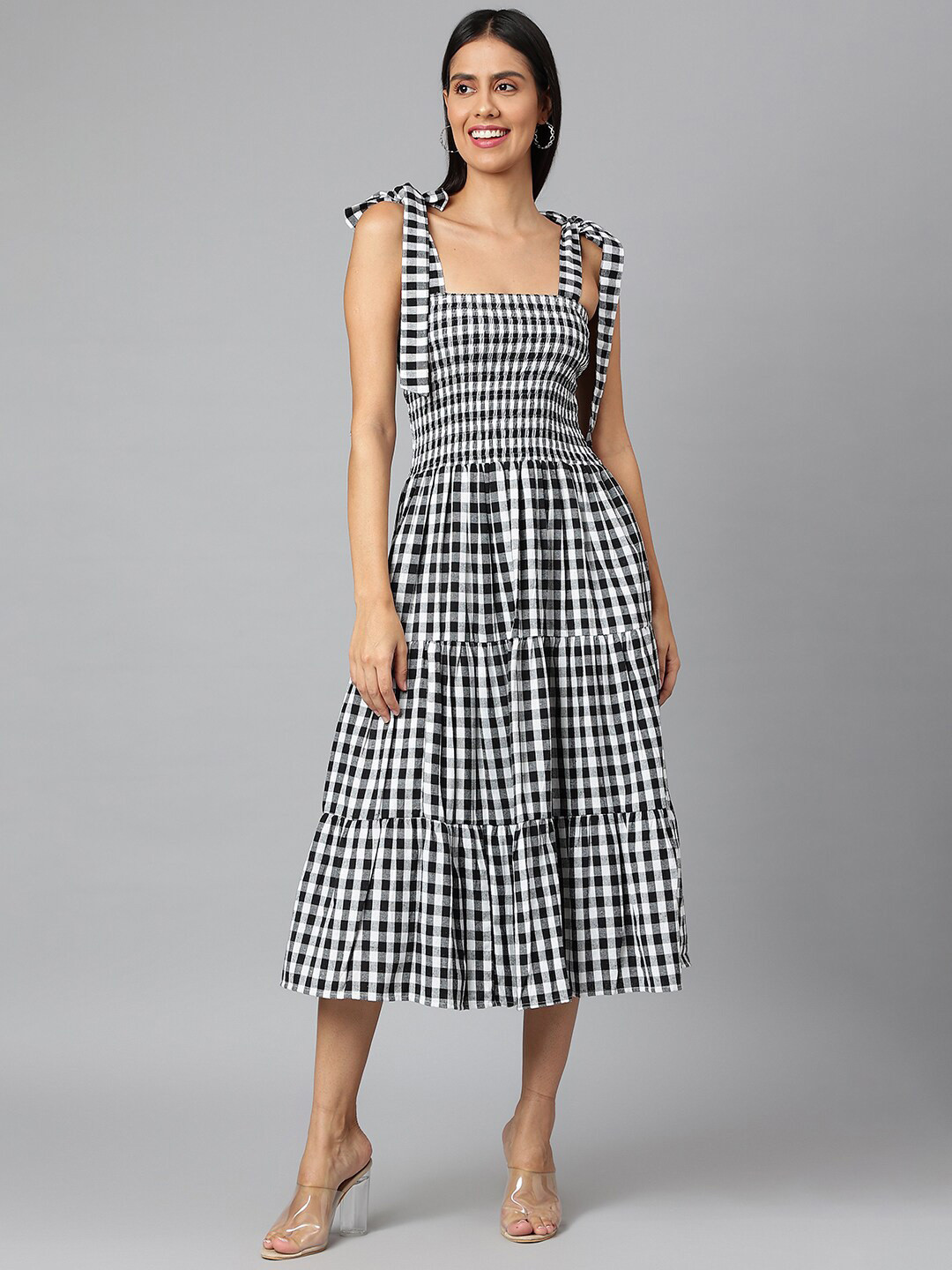 Buy FINSBURY LONDON Black & White Checked Midi Dress Dresses for