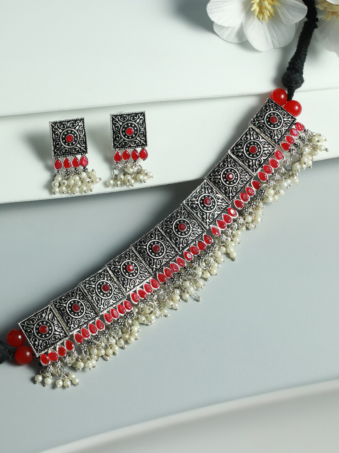 Buy Priyaasi Oxidised Silver Plated White & Red Stone Studded & Pearl