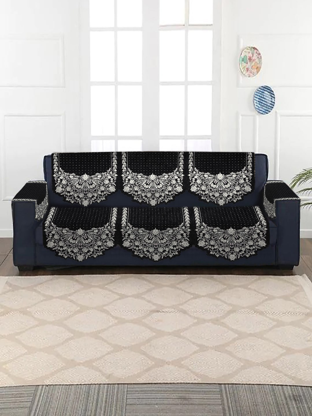 Buy HOSTA HOMES Black Self Design Jacquard 3 Seater Sofa Cover Sofa