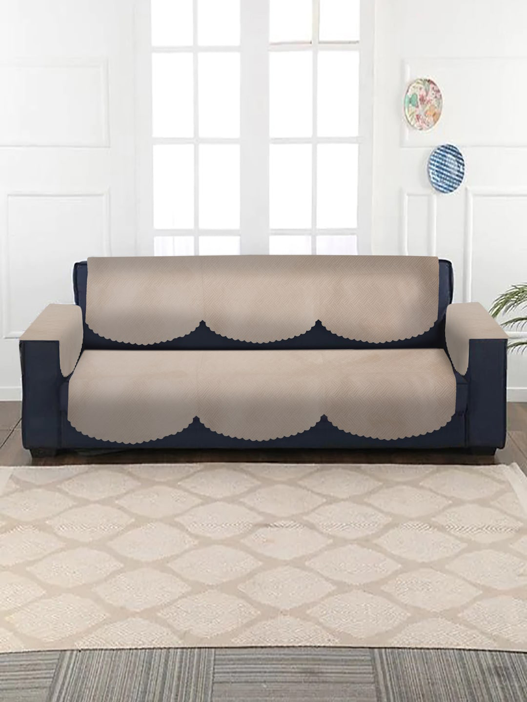 Buy HOSTA HOMES Beige Patterned Jacquard Velvet Quilted 3 Seater Sofa