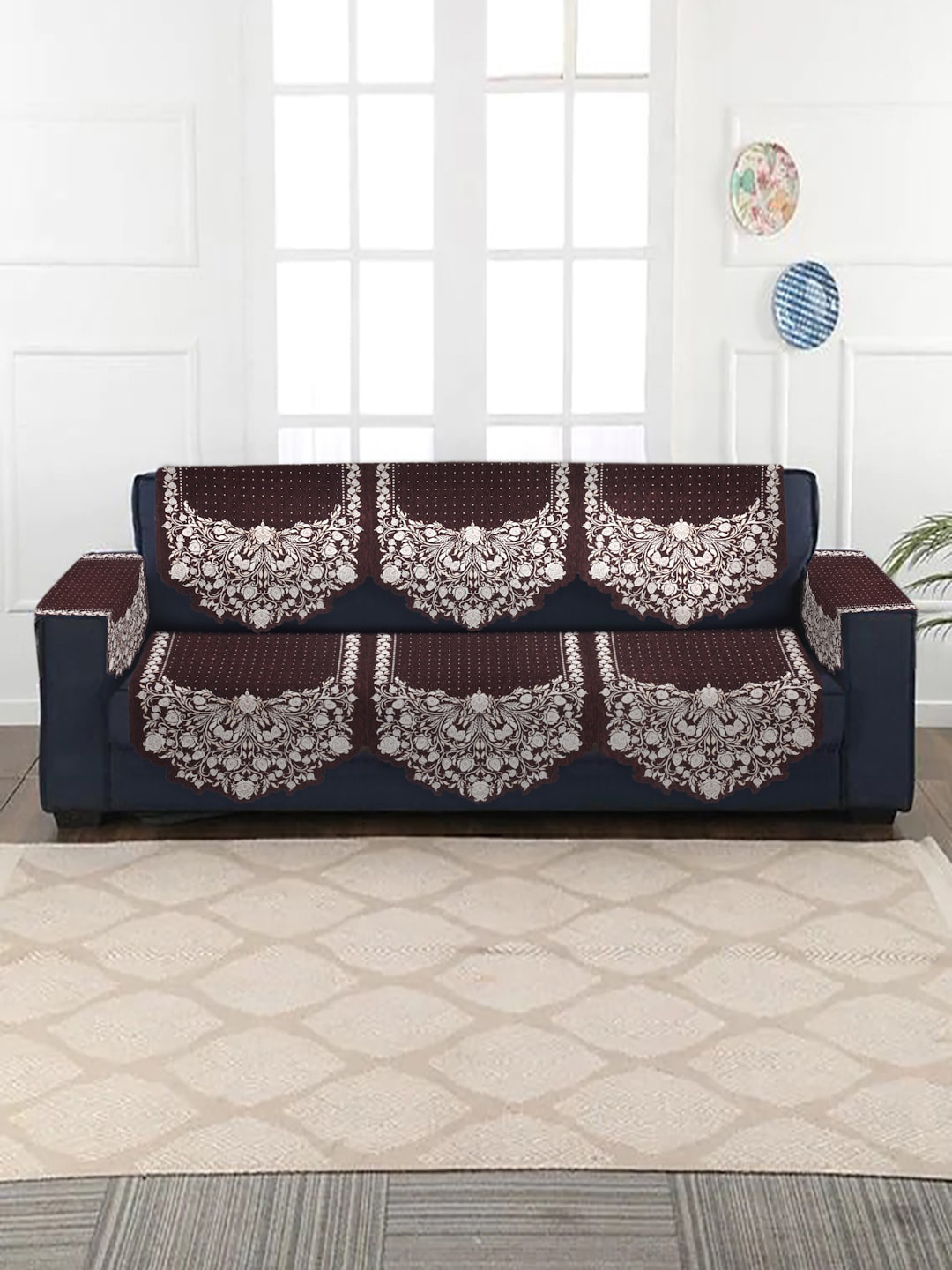 Buy HOSTA HOMES Set Of 8 Brown Jacquard Velvet 3 Seater Sofa Cover Sofa Covers for Unisex