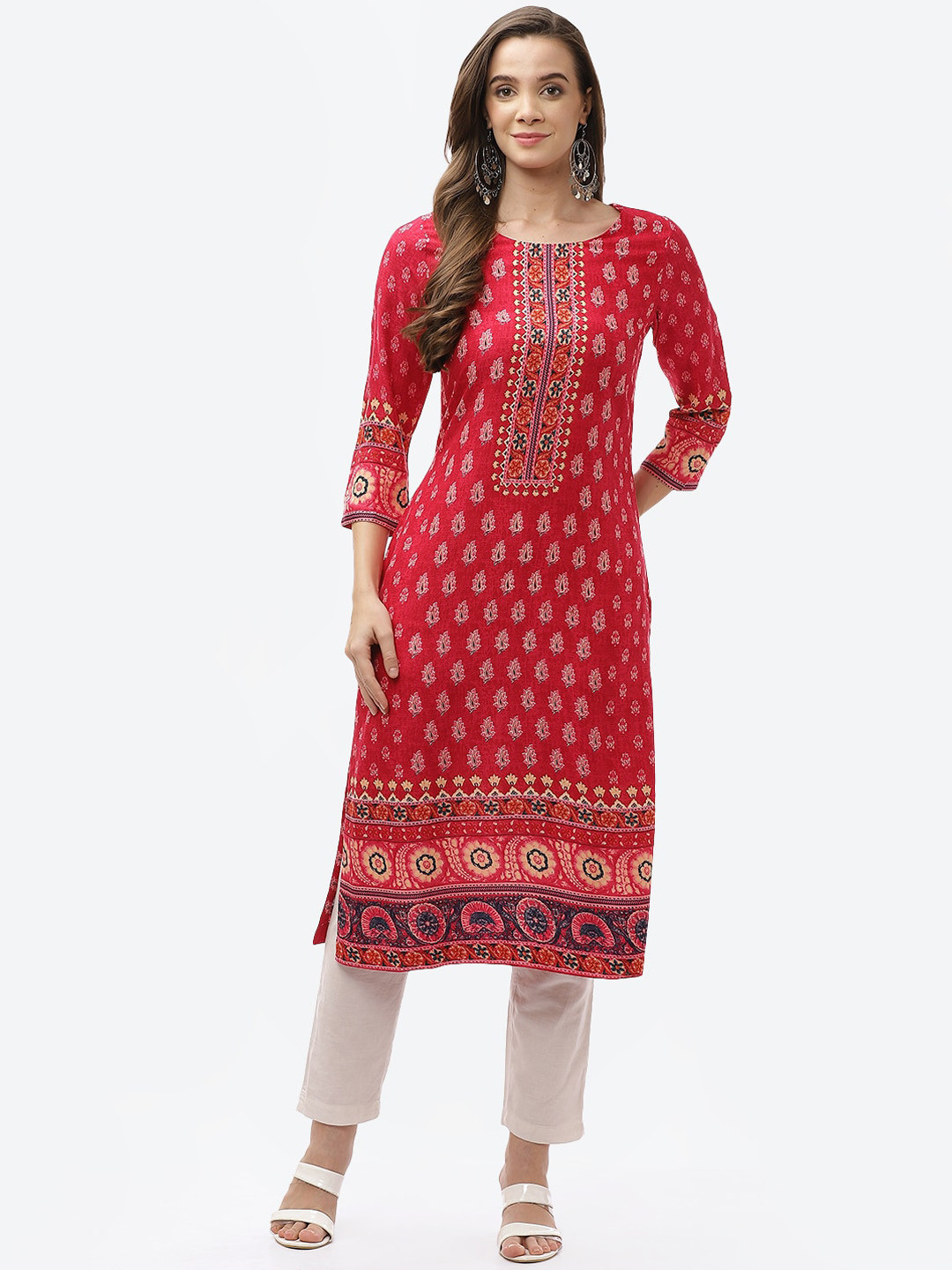 Buy Biba Women Pink Ethnic Motifs Printed Flared Sleeves Mirror Work