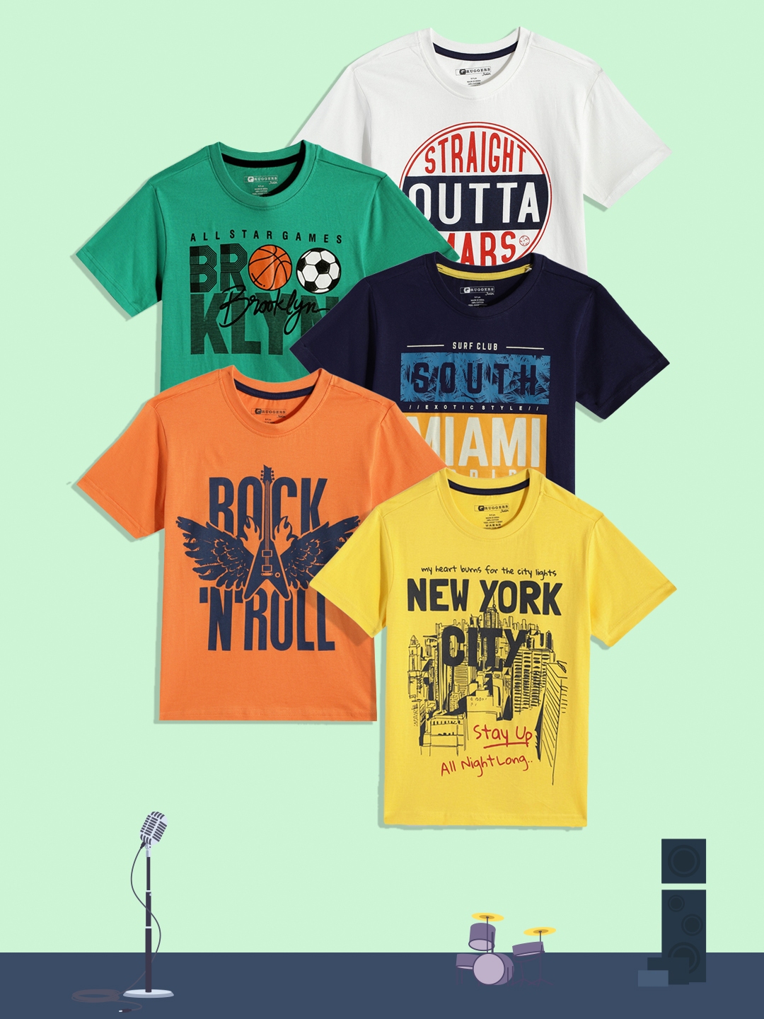 Buy Ruggers Junior Boys Pack Of 5 Printed Pure Cotton T Shirts 