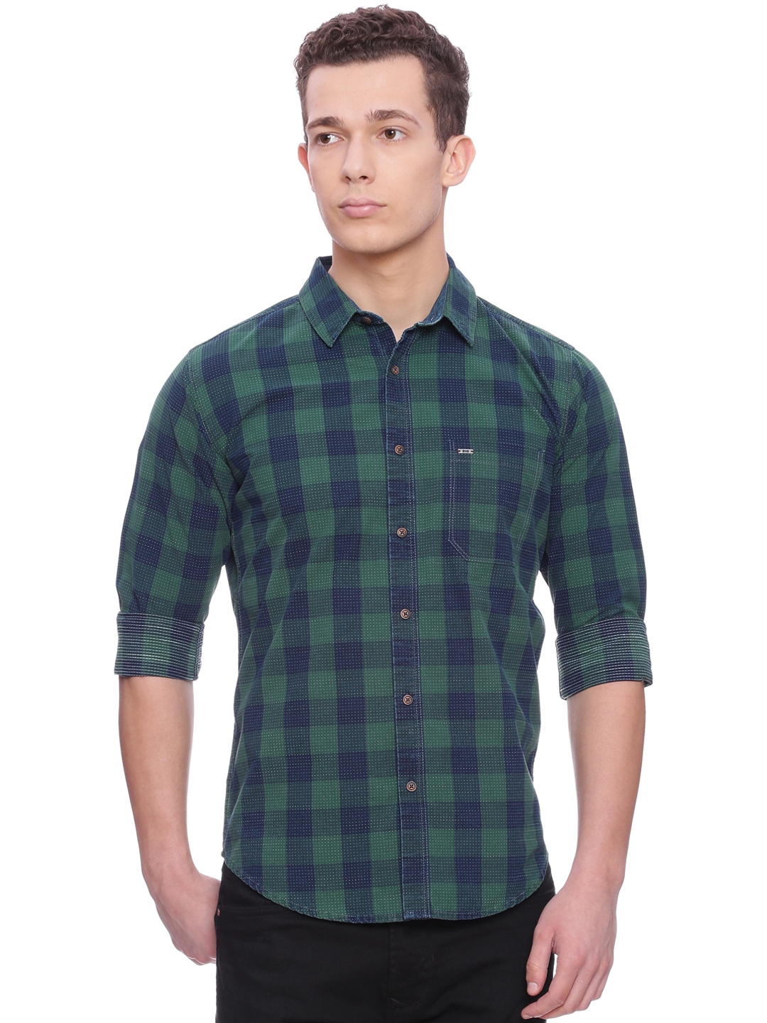 Buy Basics Men Green Slim Fit Checked Casual Shirt - Shirts for Men ...
