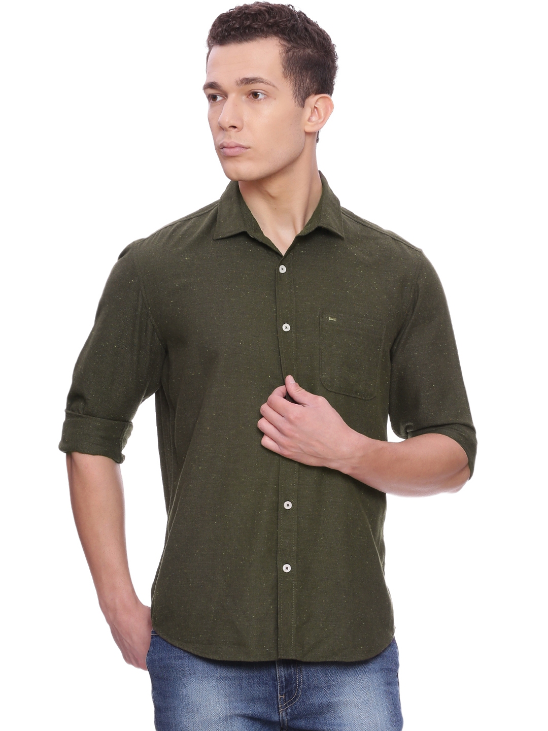 Buy Basics Men Green Slim Fit Solid Casual Shirt - Shirts for Men 1891805 | Myntra