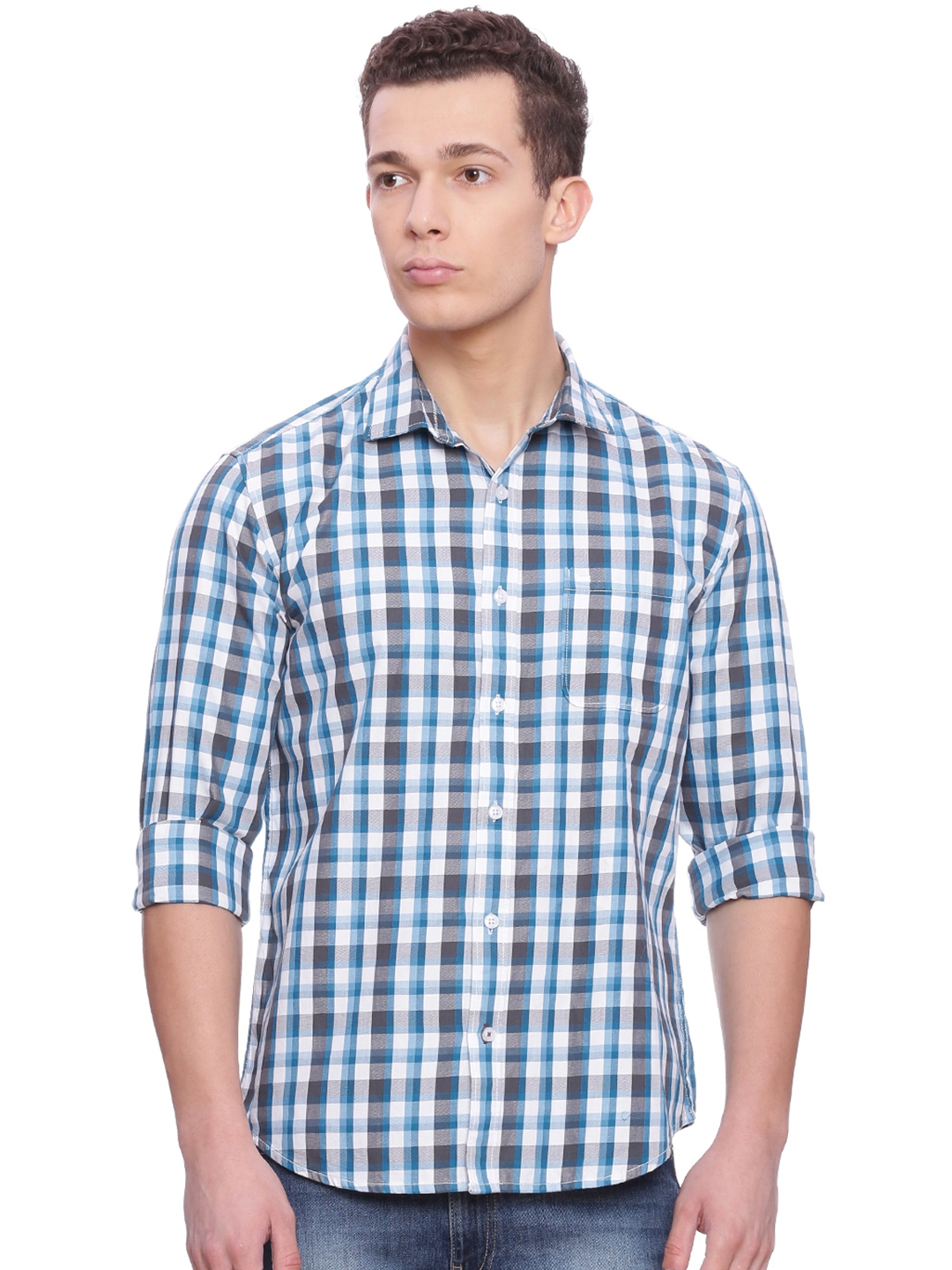 Buy Basics Men Blue Slim Fit Checked Casual Shirt - Shirts for Men ...