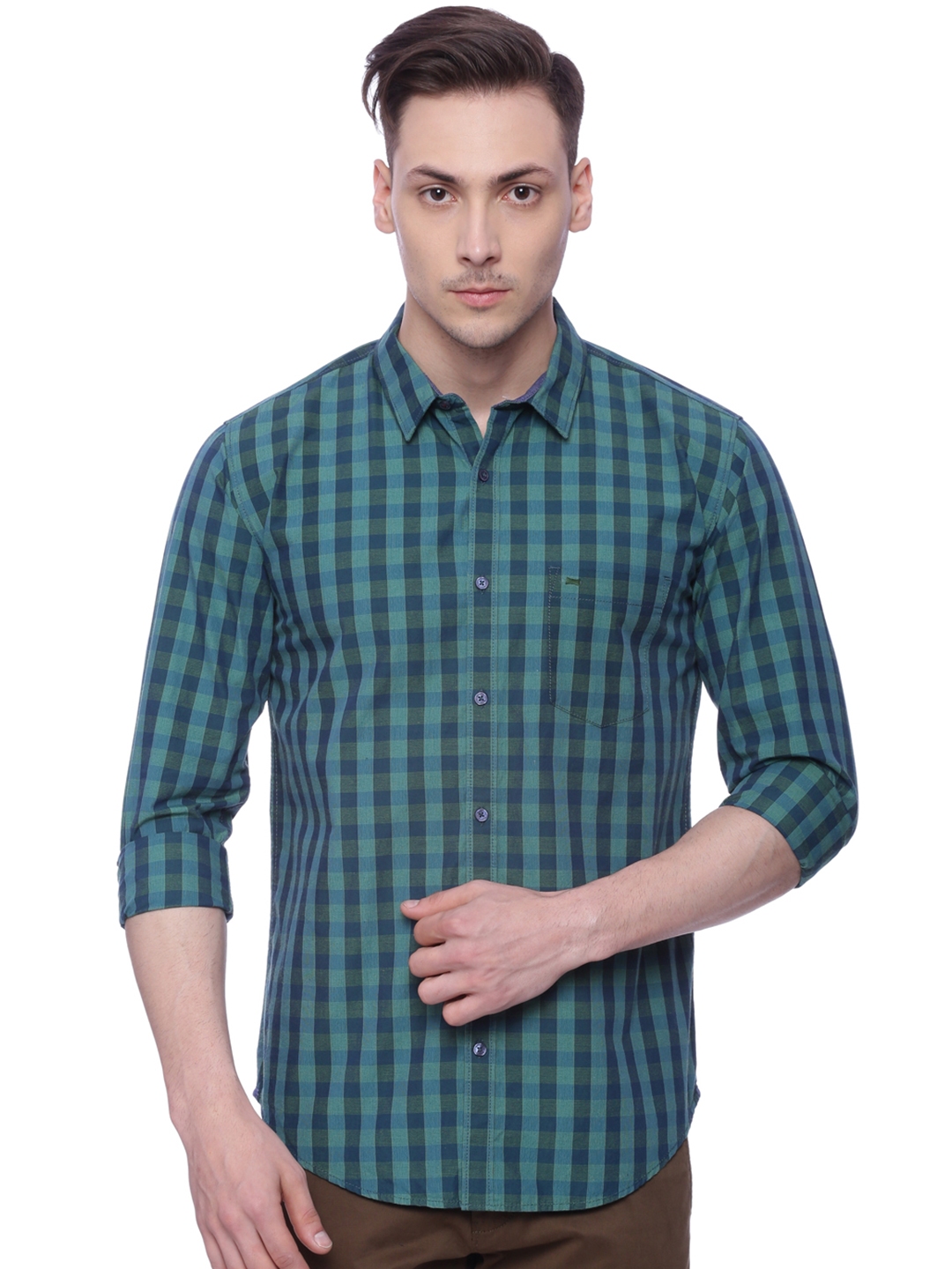 Buy Basics Men Green Slim Fit Checked Casual Shirt - Shirts for Men ...