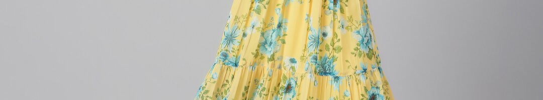 Buy Janasya Women Yellow Georgette Floral Print Flared Western Dress ...