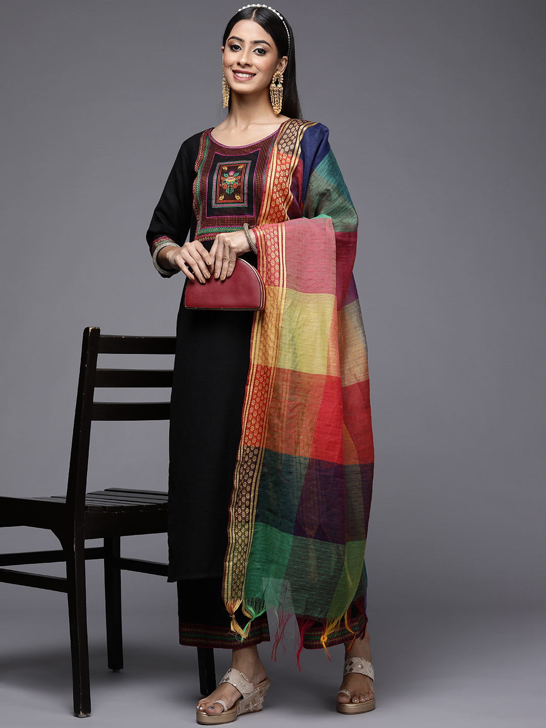 Indo Era Blue Yoke Design A-Line Kurta Dhoti Pants Set