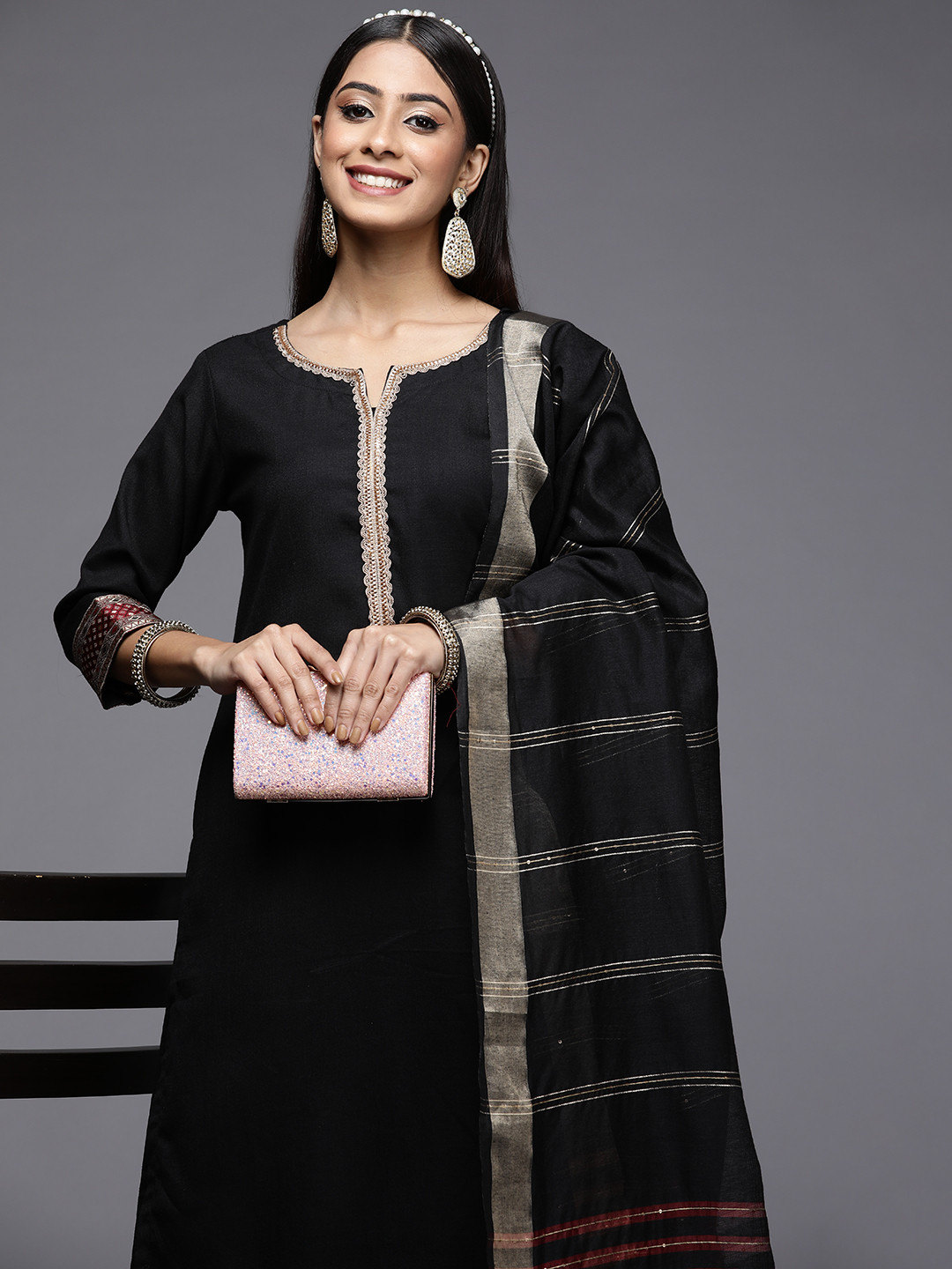 Black Squared Neck Kurta With Palazzo With Dupatta Indo Western Women 3 Piece Set