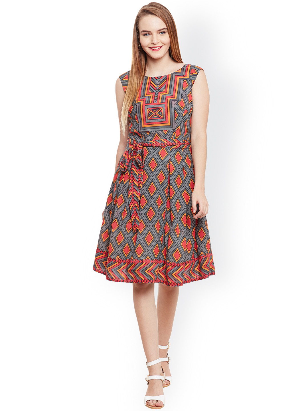 Buy Label Ritu Kumar Women Red & Grey Printed Fit & Flare Dress