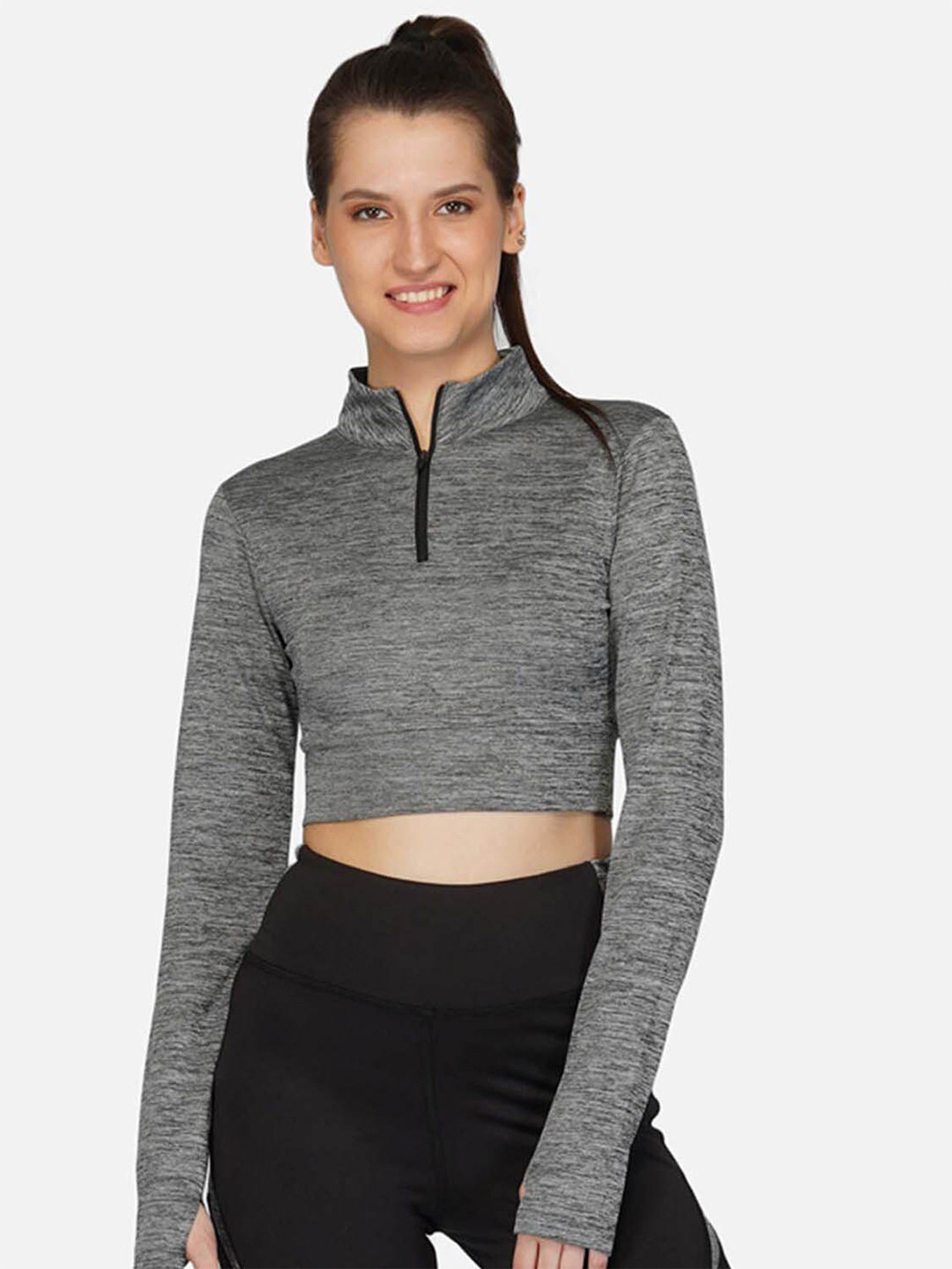 Buy IMPERATIVE Charcoal Grey Long Sleeves Crop Top Tops for Women