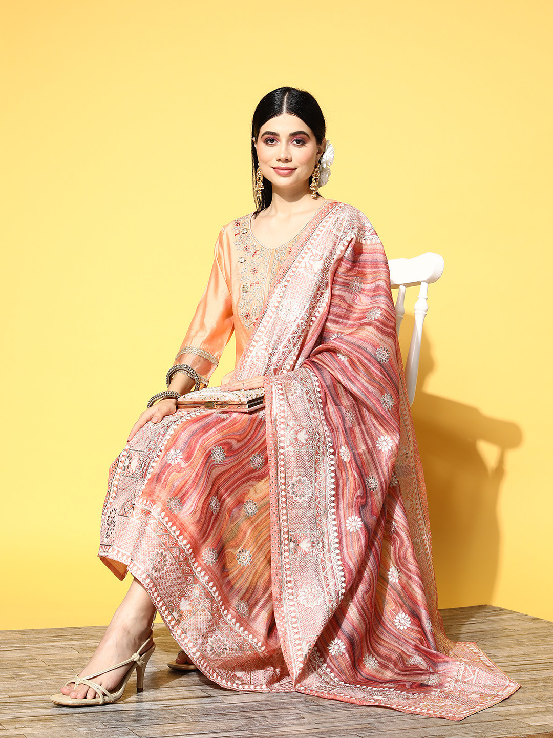 Women Embroidered Sequinned Kurta & Palazzos With Dupatta