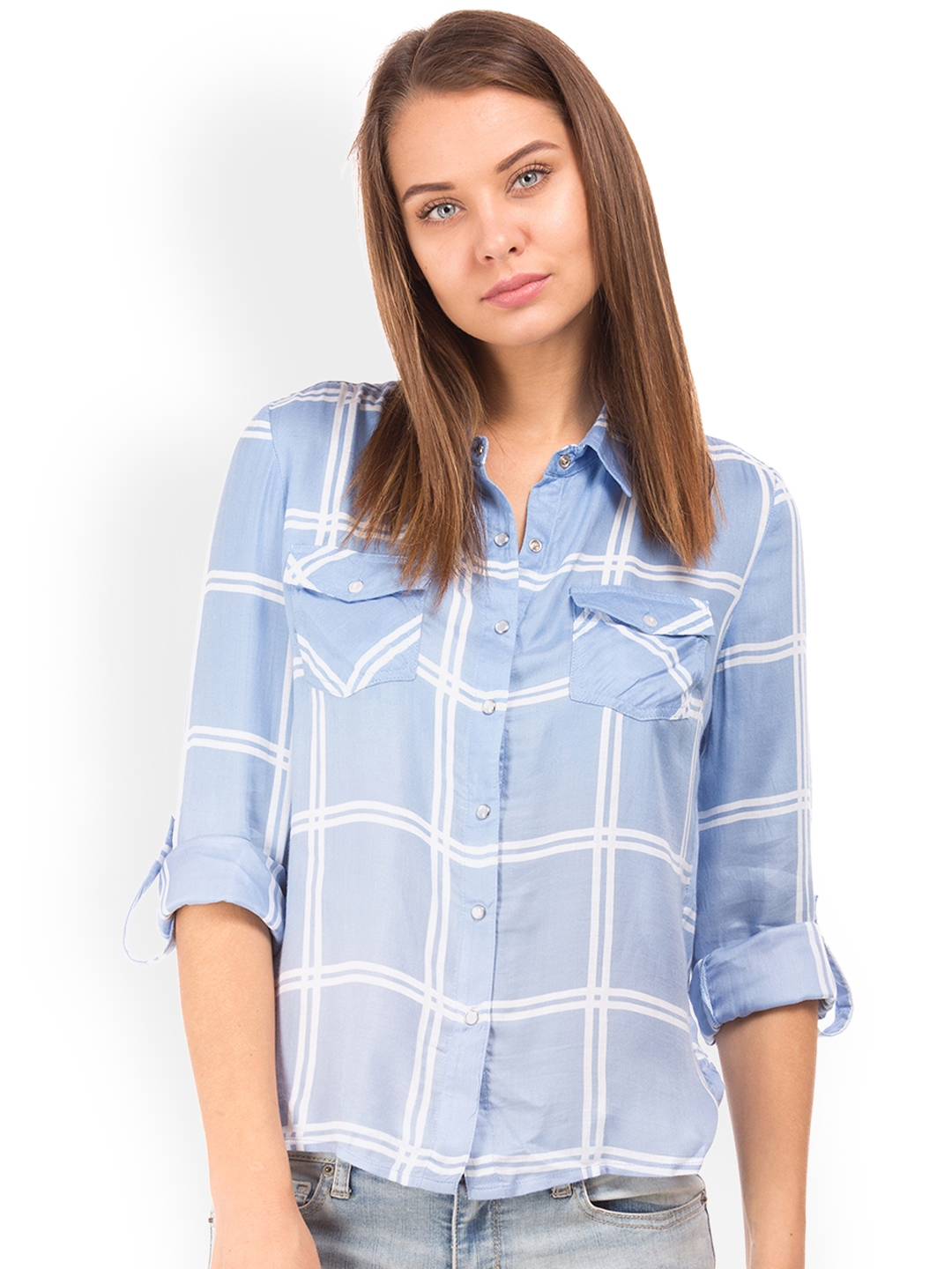 Buy ELLE Women Blue & Off White Regular Fit Checked Casual Shirt ...