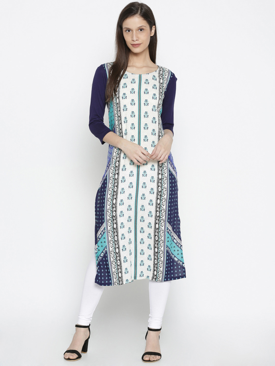 Women Off-White & Blue Printed Cotton Straight Kurta main image 0