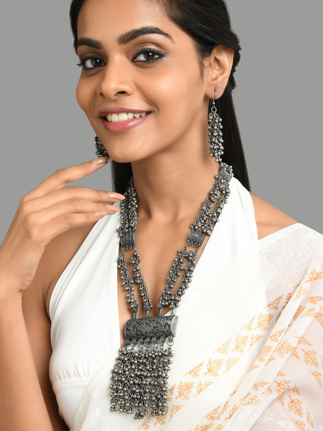Buy Fida Silver Plated Beaded Oxidised Jewellery Set Jewellery Set
