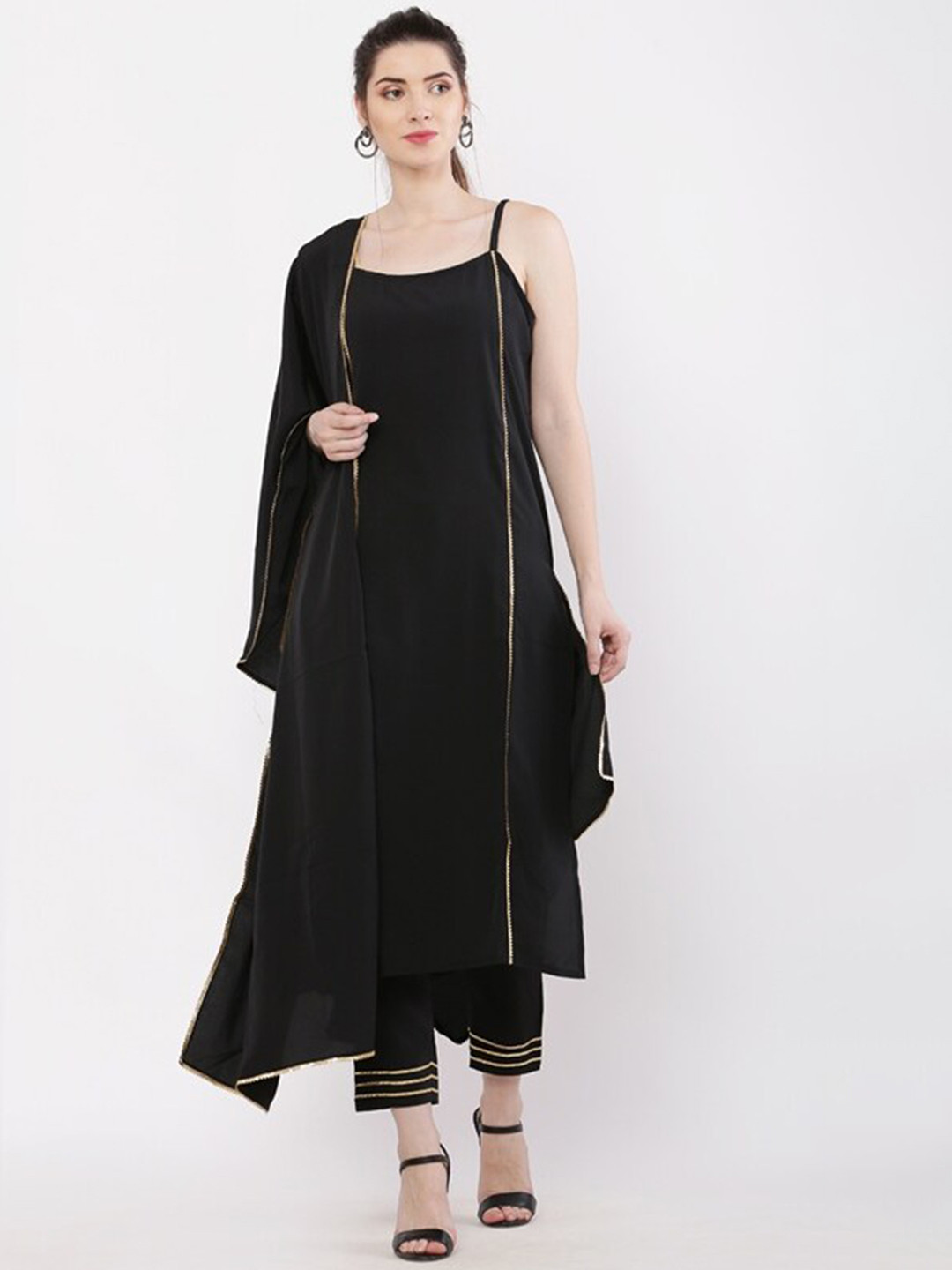 Women Black Woven Design Straight Kurta Trousers Set