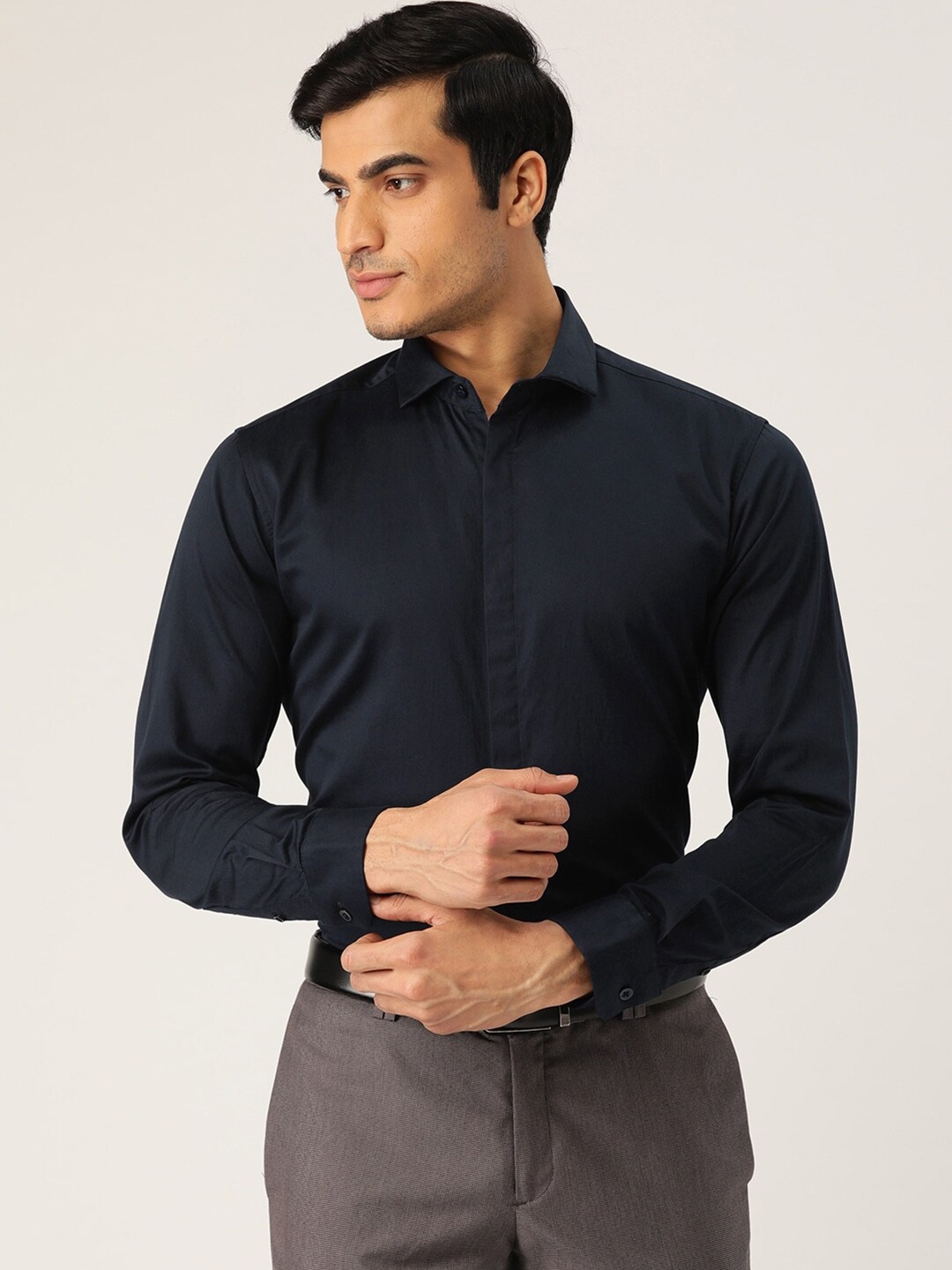 Buy STROP Men Navy Blue Solid Slim Fit Formal Shirt - Shirts for Men ...