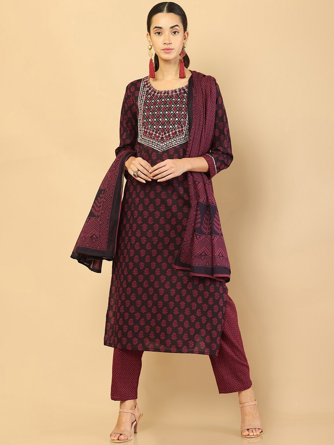 Maroon Cotton Kurti with Embroidered Yoke & Sleeves – Premium Cotton Top (Medium - 2XL) main image 0