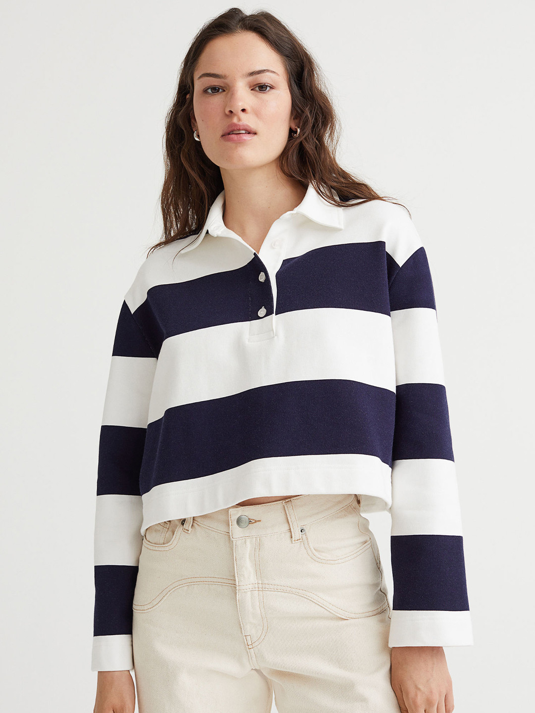 Buy H&M Women Blue & White Striped Rugby Shirt Sweatshirts for Women
