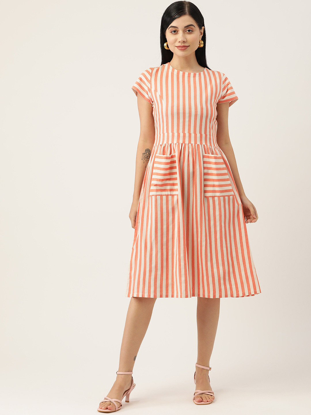 Buy FABNEST Orange & Off White Striped Cotton Dress Dresses for Women