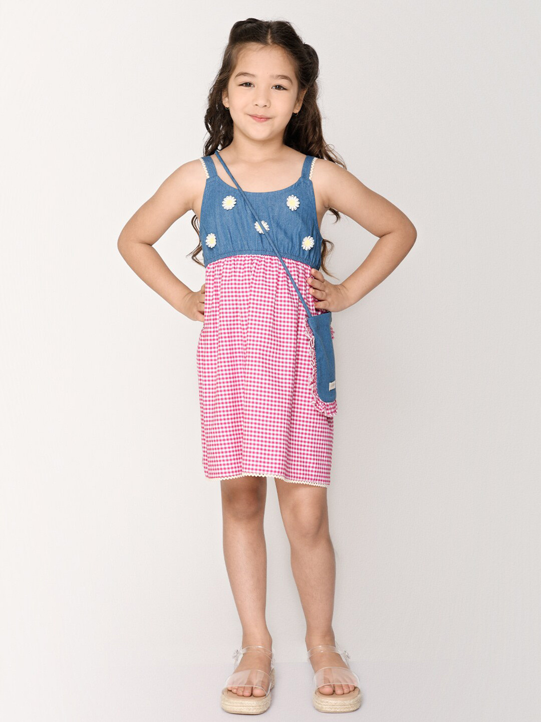 Buy Jade Garden Girls Blue & Pink Checked Organic Cotton Denim Dress
