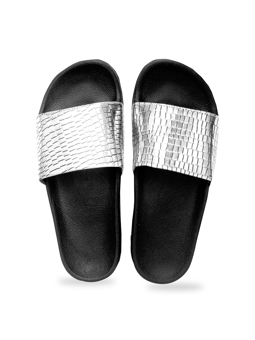 Buy ADIVER Women Silver Toned & Black Embellished Sliders Flip Flops