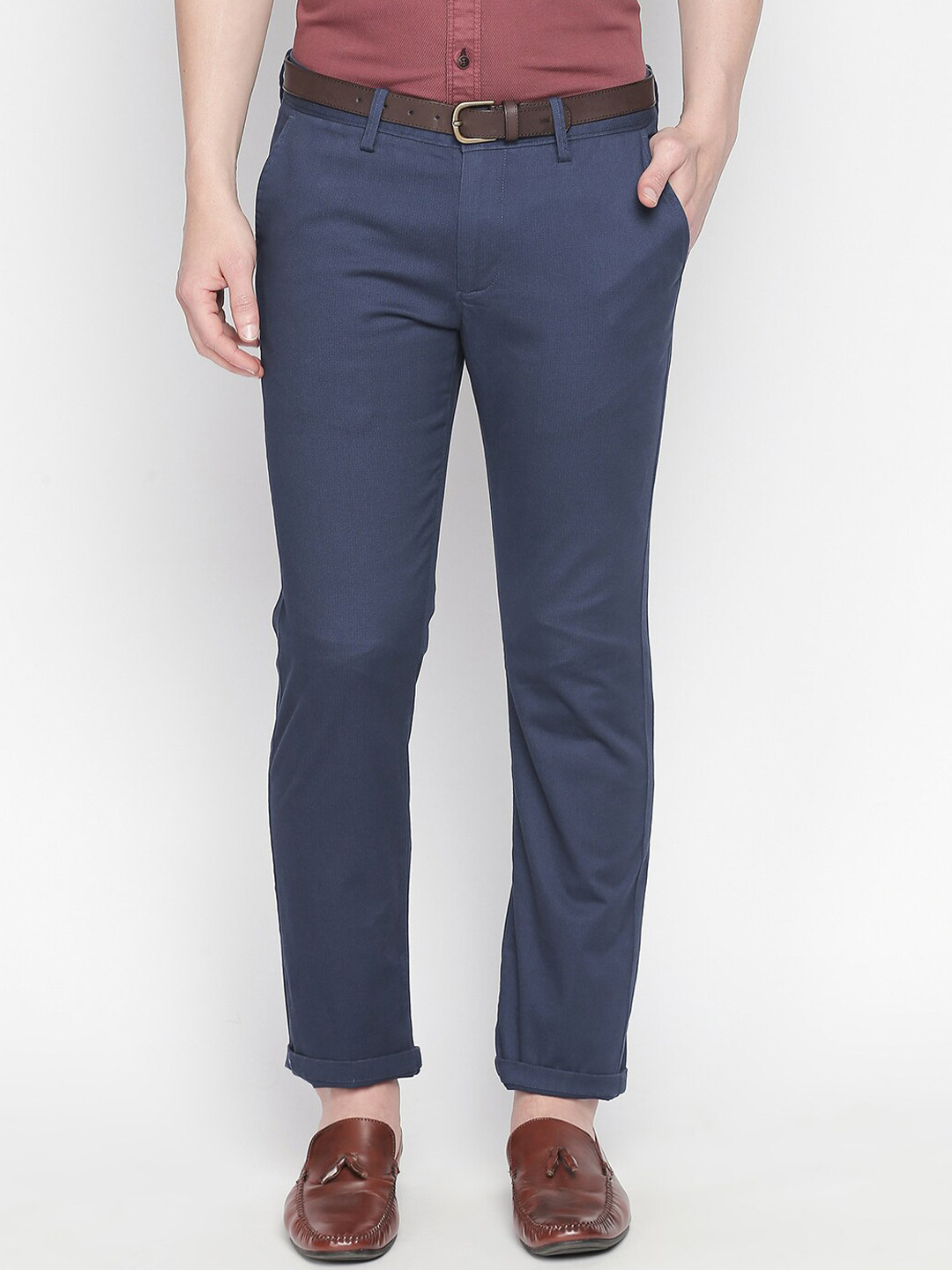 Buy Basics Men Navy Blue Slim Fit Solid Cotton Chinos Trousers ...