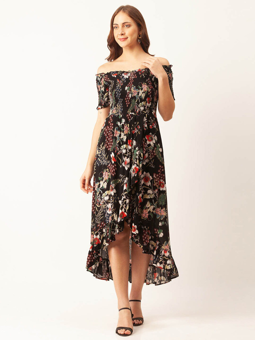 Buy ZOLA Black Red Floral Off Shoulder Midi Dress Dresses For Women 