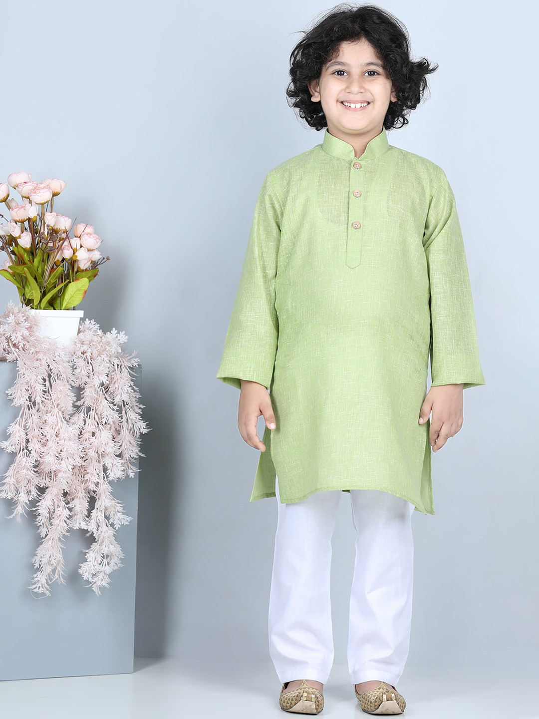 Boys Green Cotton Solid Kurta Shirt