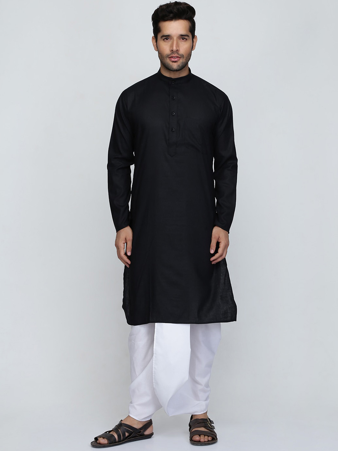 Abito Pathani Uomo Royal Kurta In Misto Cotone | Salwar Kamiz Nero Con Ricamo Al Collo | Vestibilità Comoda, Taglia 38