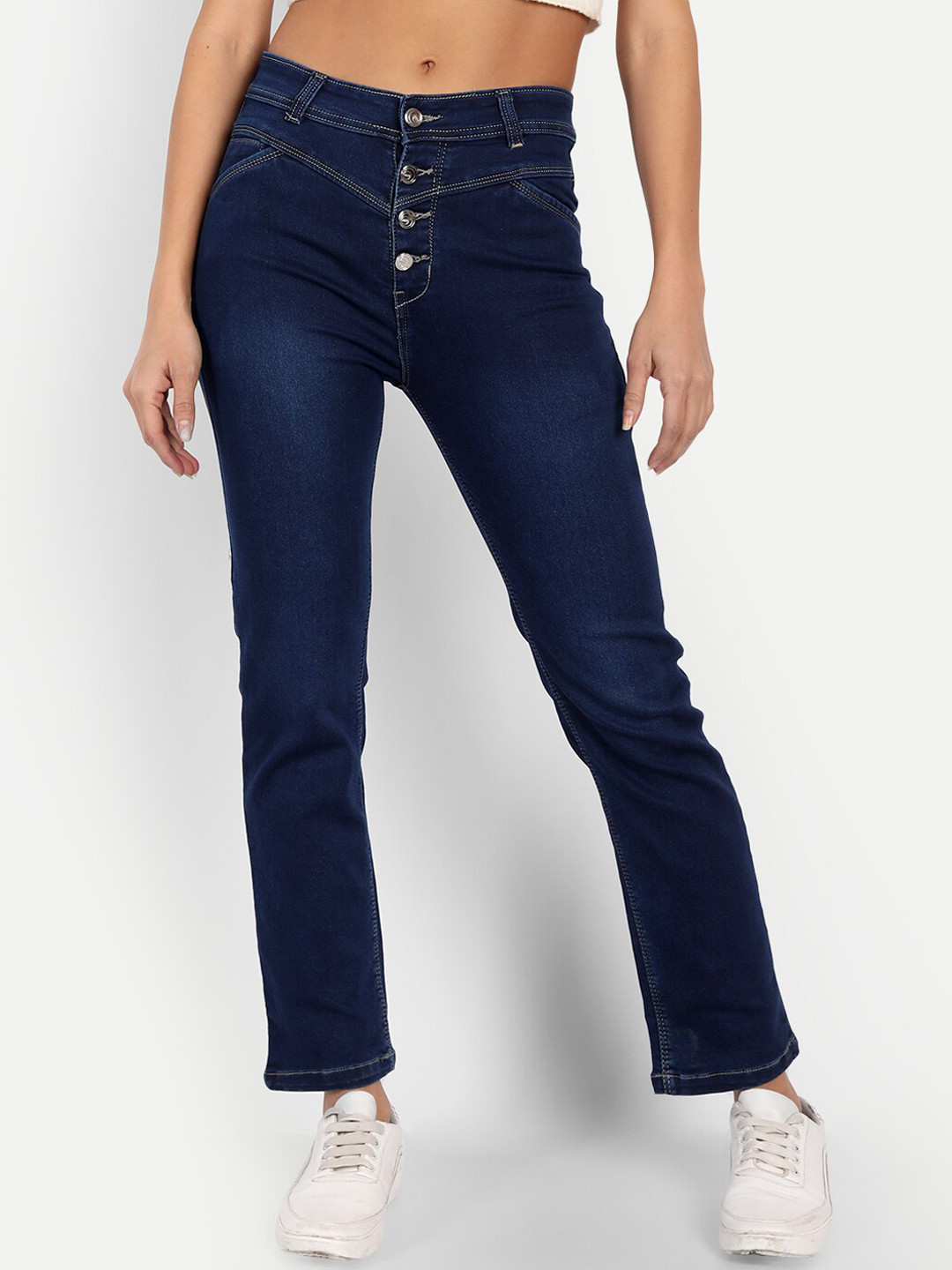 Women Nevy Blue Fringed Straight Fit Jeans