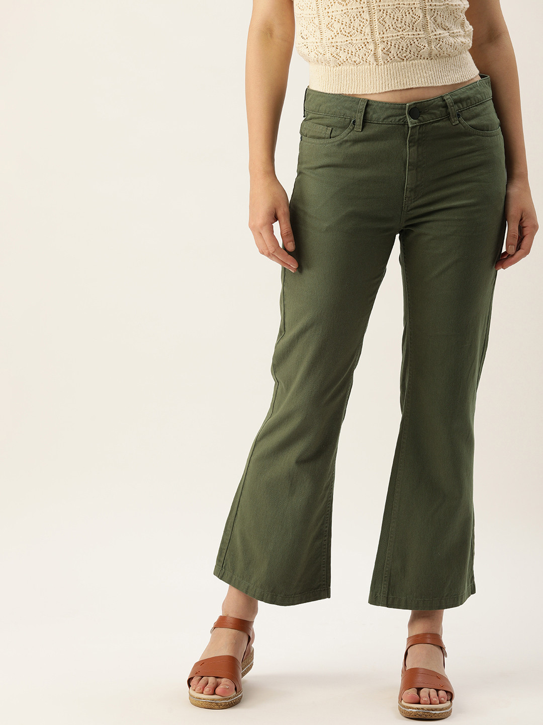 Elleven Women's Olive Solid Cotton Blend Slim Fit Flared Pants