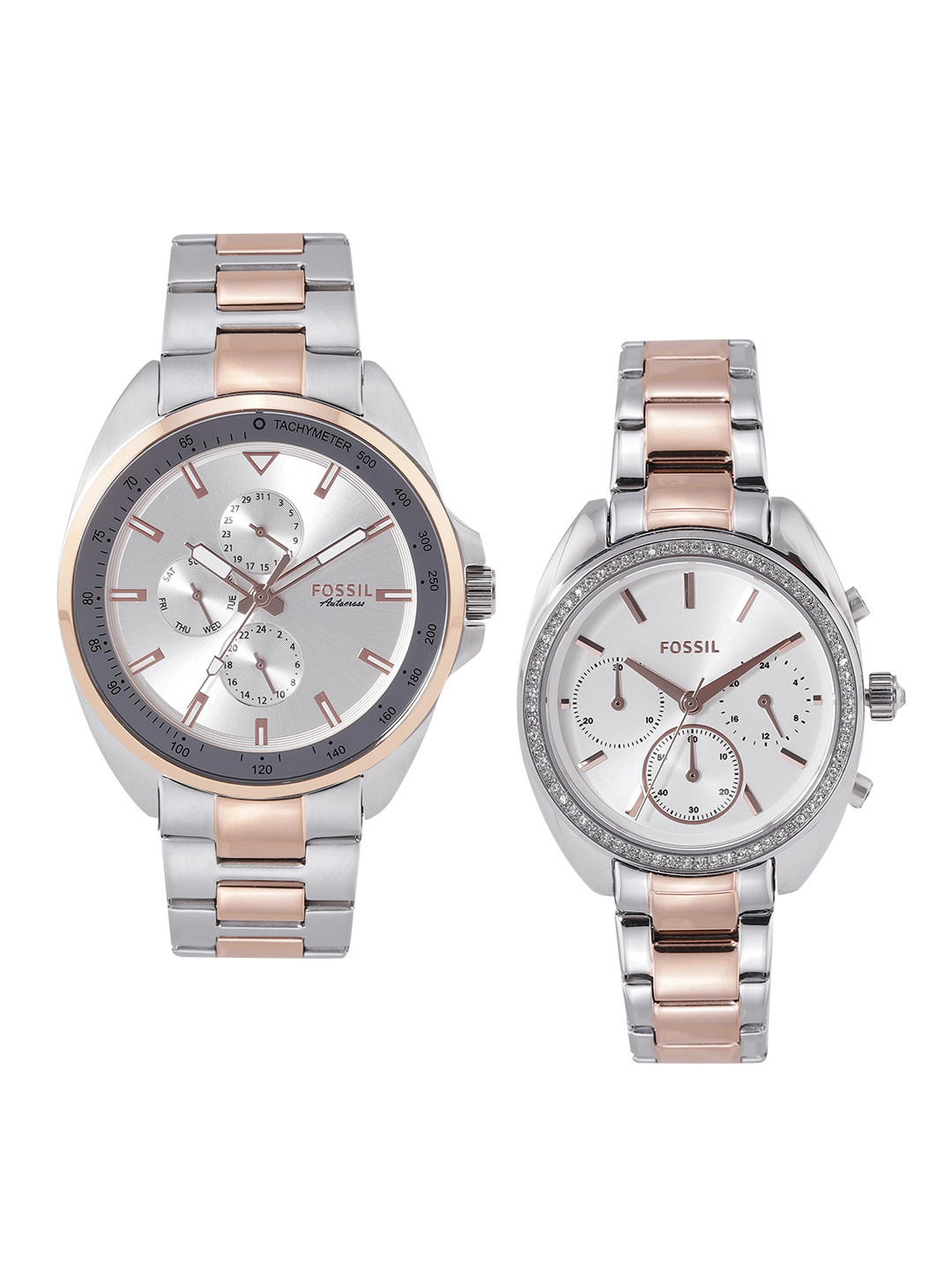 Buy Fossil Unisex Silver Toned Dial & Multicolored Analogue Couple